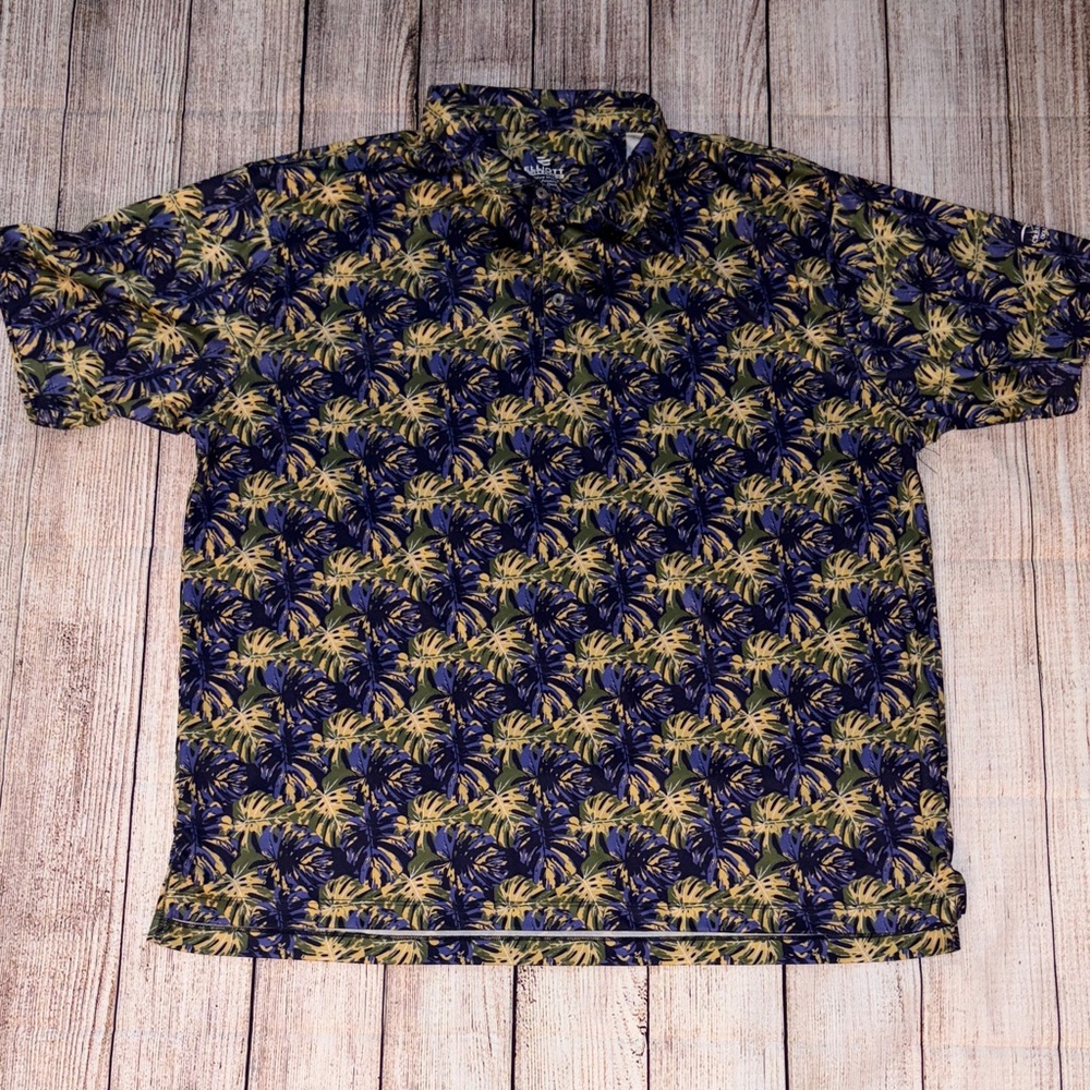 Navy and Yellow Tropical Print Polo Shirt